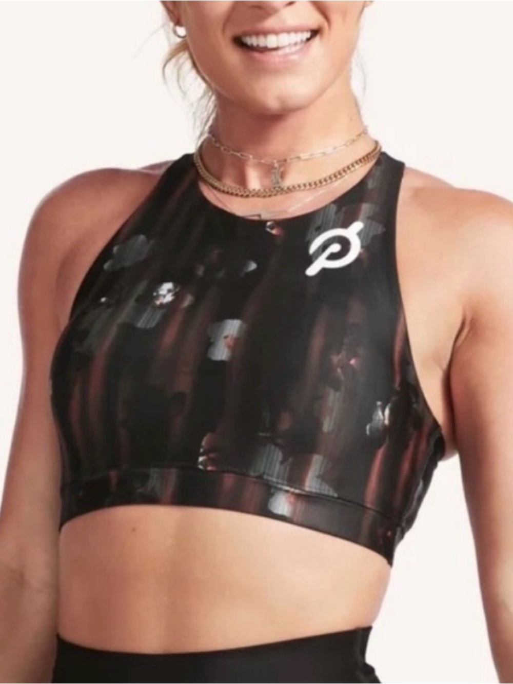 Peloton Black and Dark Red High-Neck Floral-Print Crop Top
